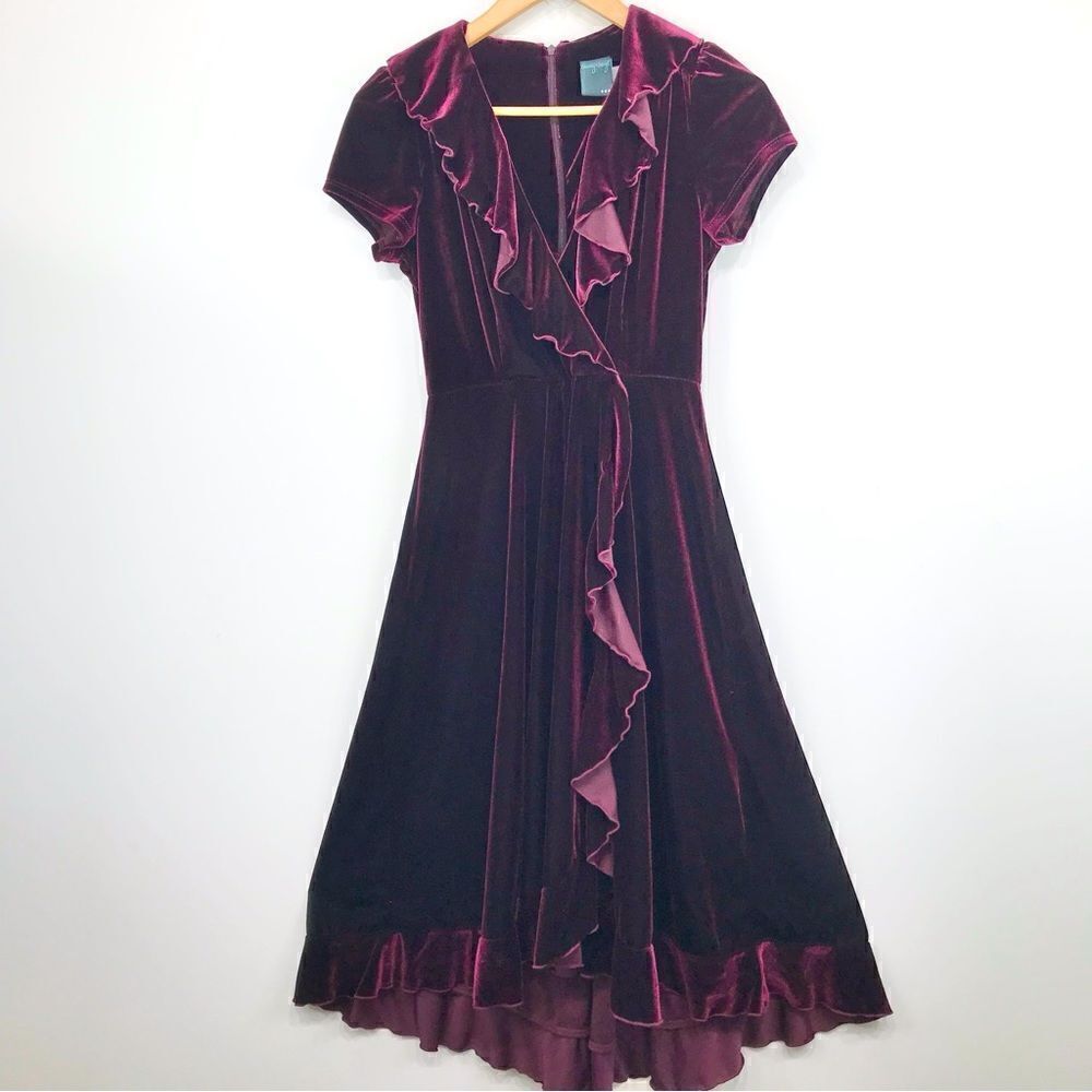 Gabby Skye Burgundy Velvet Romantic Short Sleeve Ruffle Wrap Short Sleeve Dress